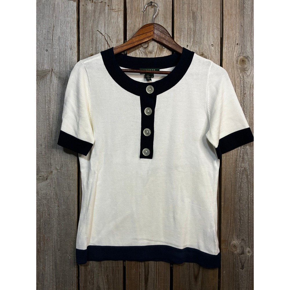 Lauren Ralph Lauren Cream Navy Blue Color Block Short Sleeve Henley Knit Top M